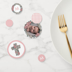 Prachtige roze Lijst Cross Foto Baptisme Confetti