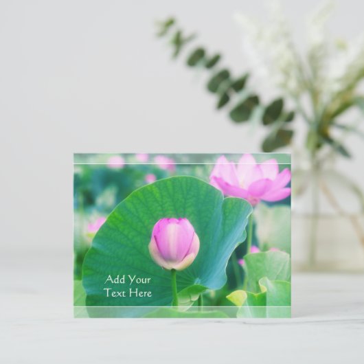 Prachtige roze Lotus Bud Flower Green Leaf Blossom Briefkaart (Staand voorkant)