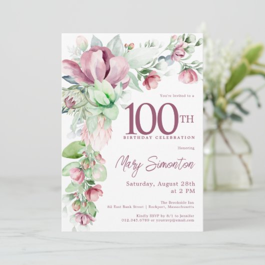 Prachtige roze Mauve Floral 100e verjaardag Kaart (Staand voorkant)