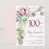 Prachtige roze Mauve Floral 100e verjaardag Kaart (Voorkant / Achterkant)