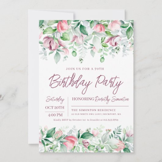Prachtige roze Mauve Floral 70e verjaardag Kaart (Voorkant)