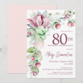 Prachtige roze Mauve Floral 80e verjaardag Kaart (Voorkant / Achterkant)