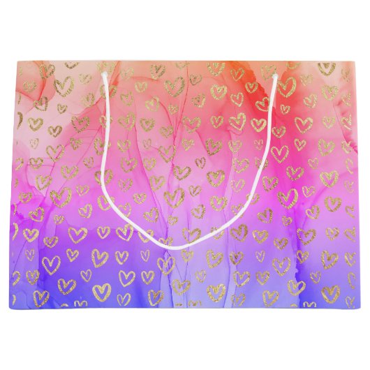 Prachtige roze Paarse gouden harten Groot Cadeauzakje (Voorkant)