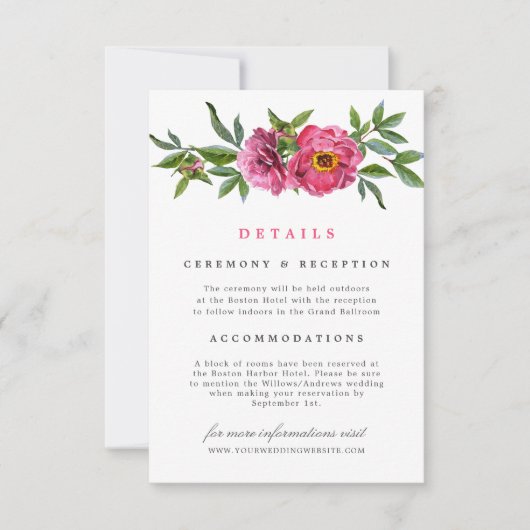 Prachtige Roze Pioenrozen Bloemige Trouwdetails Kaart (Voorkant)