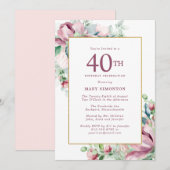 Prachtige roze roos bloemig 40e verjaardag kaart (Voorkant / Achterkant)