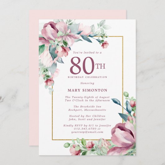 Prachtige roze roos bloemig 80ste verjaardag kaart (Voorkant / Achterkant)