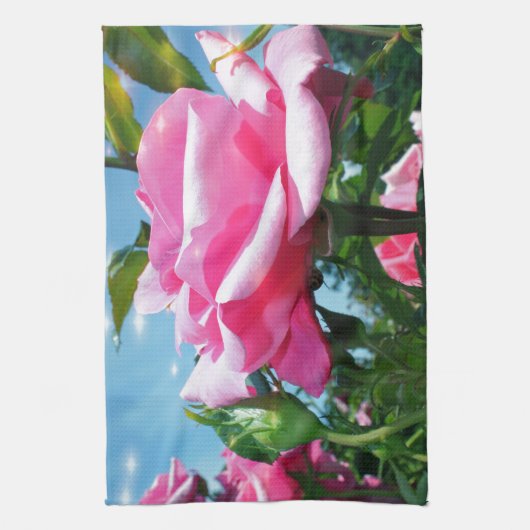 Prachtige roze roos in de blauwe lucht. Florale fo Theedoek (Verticaal)