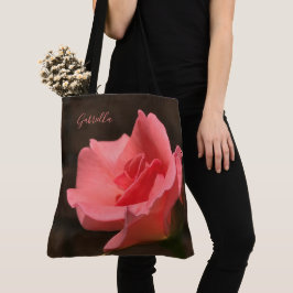 Prachtige roze roos, personaliseer met naam tote bag