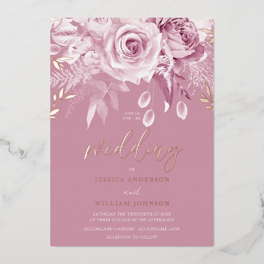 Prachtige Roze Rose Wedding Roos Gold Folie Uitnodiging (Voorkant)