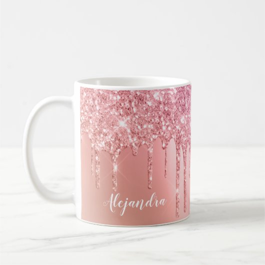Prachtige roze roze roze goud en koperglitterdrupp koffiemok (Links)