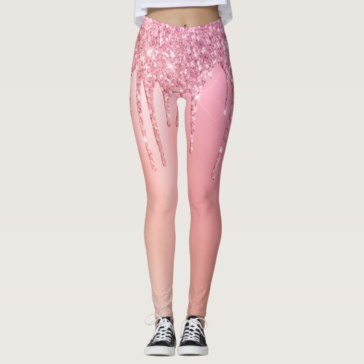 Prachtige roze roze roze goud en koperglitterdrupp leggings (Voorkant)