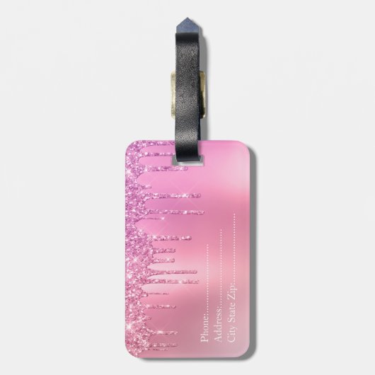Prachtige roze roze roze goud en paarse glitterdru bagagelabel (Achterkant verticaal)