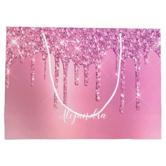 Prachtige roze roze roze goud en paarse glitterdru groot cadeauzakje (Achterkant)