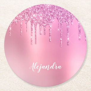 Prachtige roze roze roze goud en paarse glitterdru ronde kartonnen onderzetter