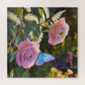 Prachtige roze rozen en blauwe vlinder legpuzzel (Horizontaal)