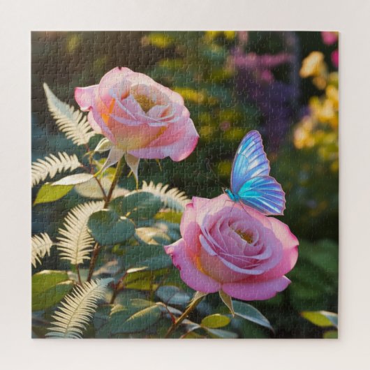 Prachtige roze rozen en blauwe vlinder legpuzzel (Verticaal)