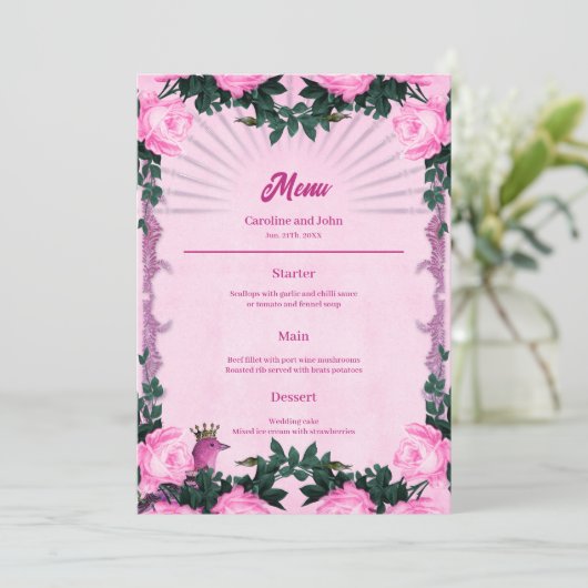 Prachtige roze rozen menu (Staand voorkant)