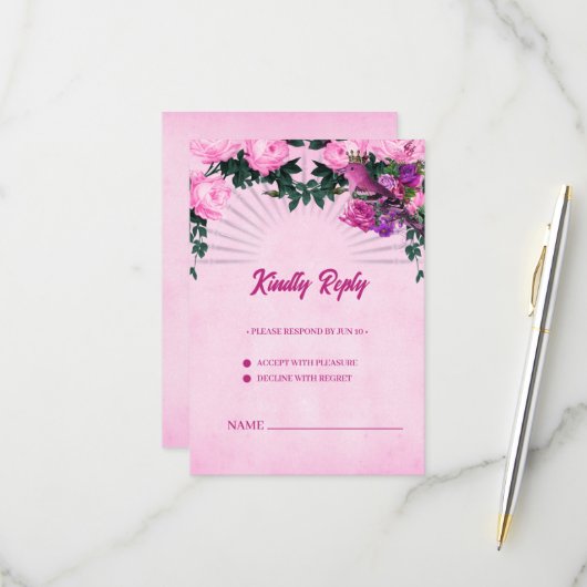 Prachtige roze rozen RSVP kaartje (Voorkant / Achterkant in situ)
