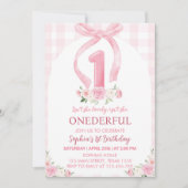 Prachtige Roze Strik Coquette 1e Verjaardagsuitnod Kaart (Voorkant)