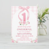 Prachtige Roze Strik Coquette 1e Verjaardagsuitnod Kaart (Staand voorkant)