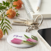 Prachtige roze tulpen met tekst sleutelhanger (Zijkant)