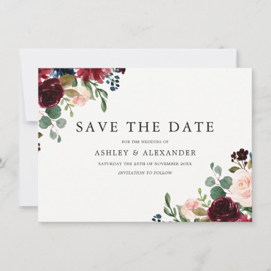 Prachtige Roze & Wijnrode Bloemen Elegant Huwelijk Save The Date (Voorkant)