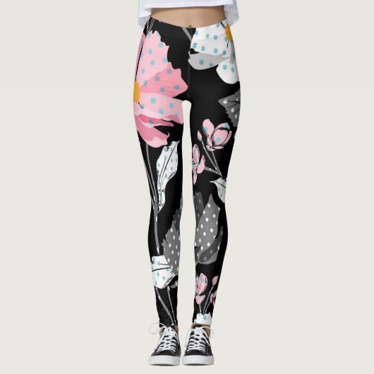 Prachtige roze, zwarte, grijze Abstracte Floral Le Leggings (Voorkant)