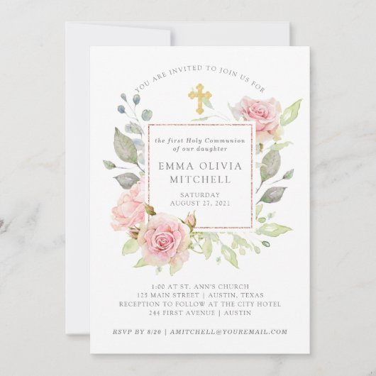 Prachtige Rozen | Eerste Heilige Communie van roze Kaart (Voorkant)