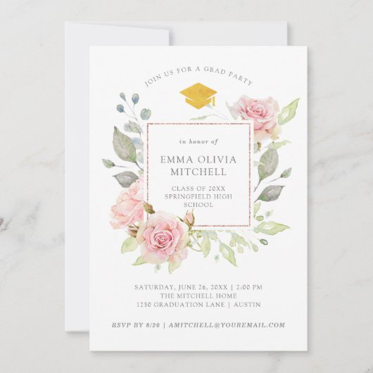Prachtige Rozen | Roze Floral Graduy Party Kaart (Voorkant)