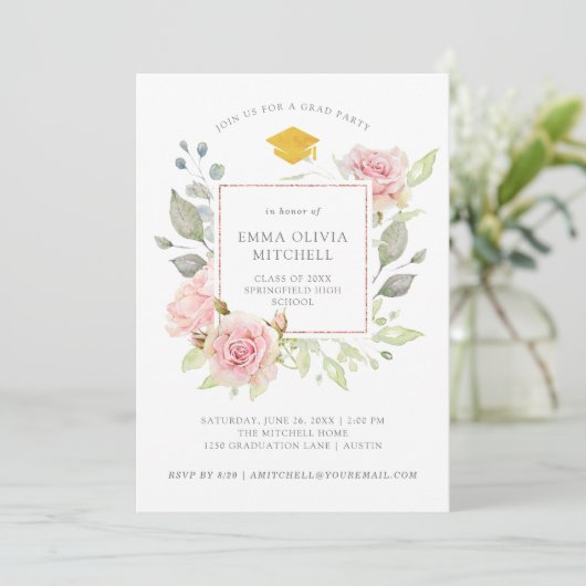 Prachtige Rozen | Roze Floral Graduy Party Kaart (Staand voorkant)