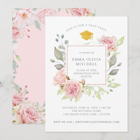 Prachtige Rozen | Roze Floral Graduy Party Kaart (Voorkant / Achterkant)