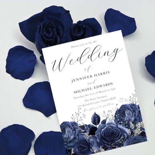Prachtige Rozen van de marine Indigo & Silver Wedd Kaart