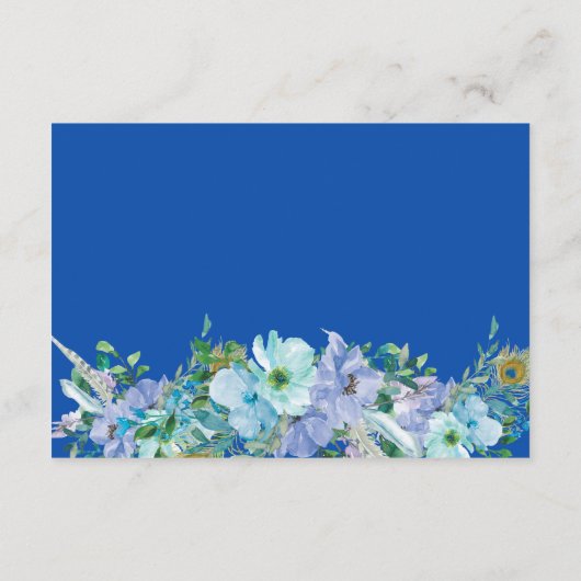 Prachtige saffier blauw bloemenbruiloft details in informatiekaartje (Achterkant)