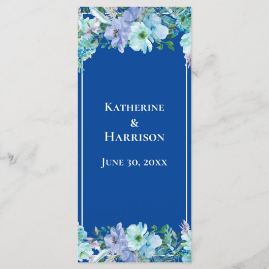 Prachtige saffier blauw bloemenbruiloft menu (Achterkant)