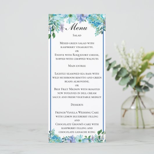 Prachtige saffier blauw bloemenbruiloft menu (Staand voorkant)