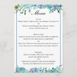 Prachtige saffier blauw bloemenbruiloft menu