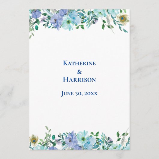 Prachtige saffier blauw bloemenbruiloft menu (Achterkant)