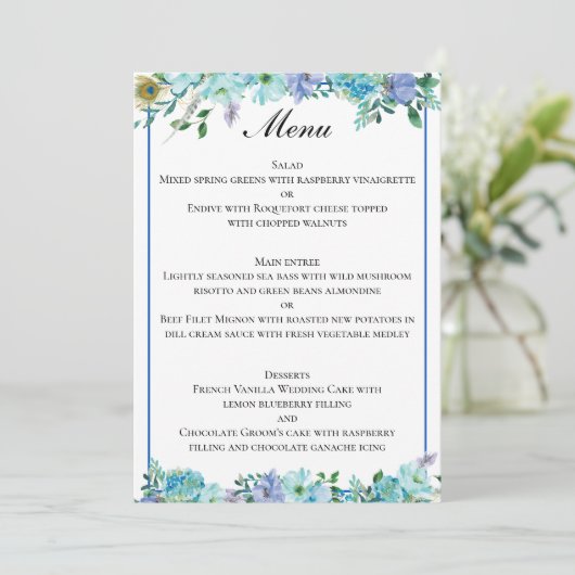Prachtige saffier blauw bloemenbruiloft menu (Staand voorkant)