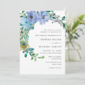 Prachtige saffier blauw bloemenbruiloft uitnodigin kaart (Staand voorkant)