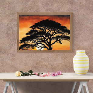 Prachtige Silhouetboom bij Sunset Painting Foto Afdruk