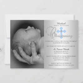 Prachtige Silver Blue Cross Boy PHOTO Christening Kaart
