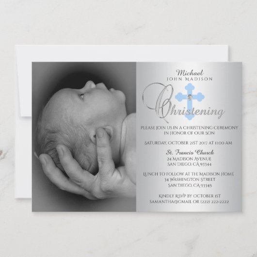 Prachtige Silver Blue Cross Boy PHOTO Christening Kaart (Voorkant)