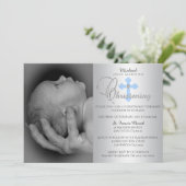Prachtige Silver Blue Cross Boy PHOTO Christening Kaart (Staand voorkant)