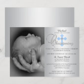 Prachtige Silver Blue Cross Boy PHOTO Christening Kaart (Voorkant / Achterkant)