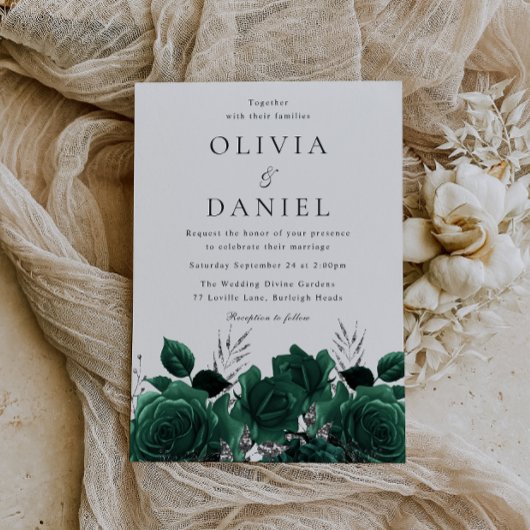 Prachtige smaragdgroene bloemenbruiloft kaart