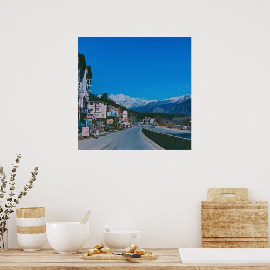 Prachtige sneeuw bergwegen poster (Keuken)