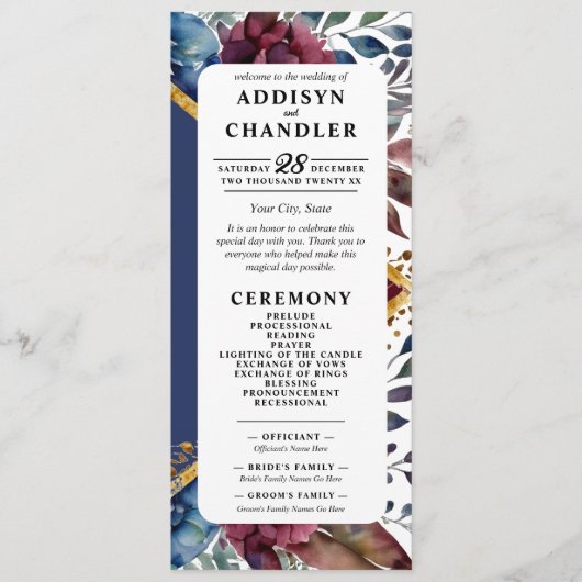 Prachtige Sophistication Jewel-Toned Peony Wedding Programmakaart (Voorkant)