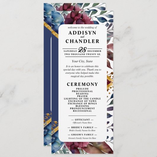 Prachtige Sophistication Jewel-Toned Peony Wedding Programmakaart (Voorkant / Achterkant)