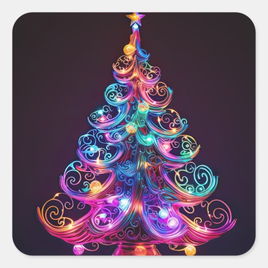 Prachtige sprankelende Neon kerstboom vakantie Vierkante Sticker (Voorkant)