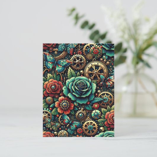 Prachtige Steampunk Thema Gears en Rozen Briefkaart (Staand voorkant)
